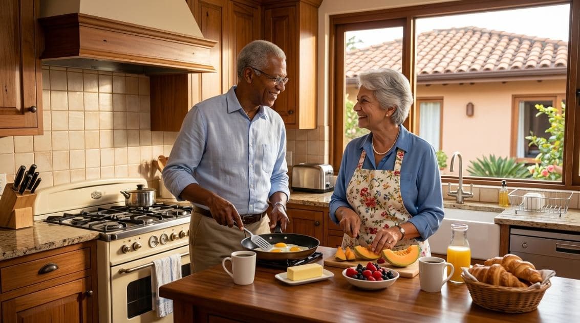 Casal de idosos preparando o café da manhã juntos em casa